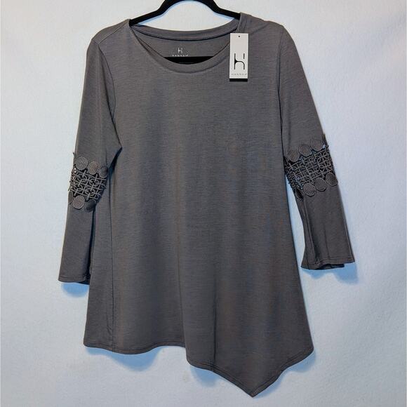 NWT Hannah Womens Blouse Gray Asymmetric Crochet Bell Sleeve Top M New - Picture 1 of 5